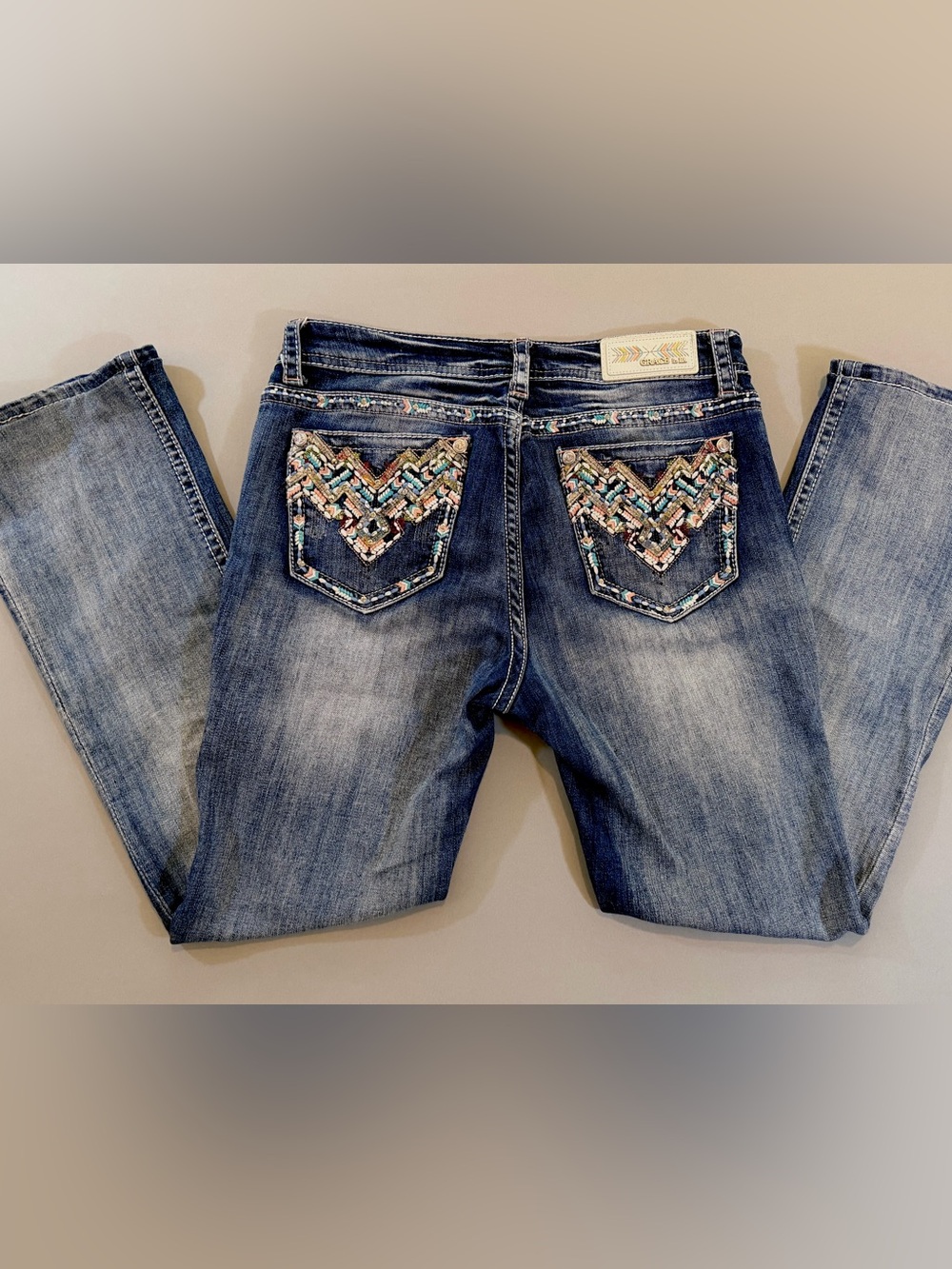 Y2K Boho Pastel Embroidered & Rhinestone Embellished Bootcut Denim Jeans
